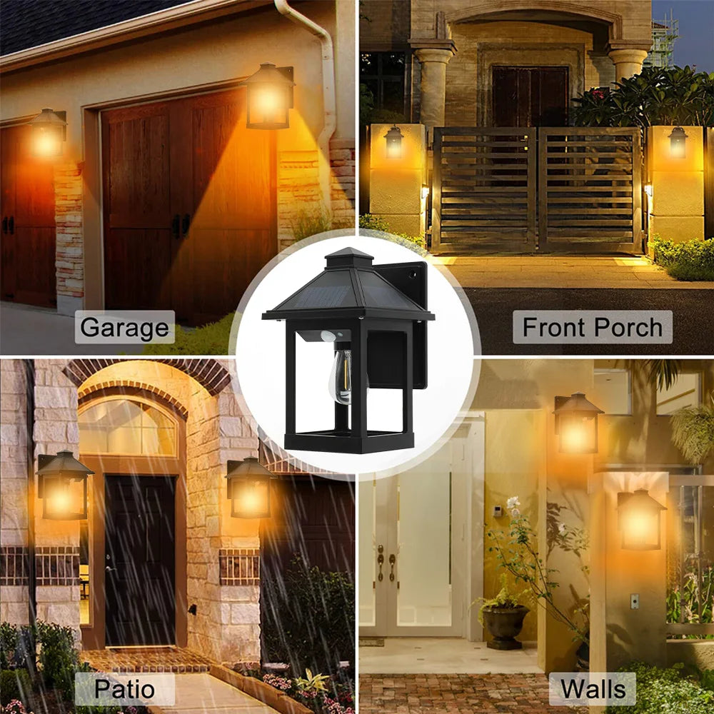 2pcs Solar Powered Wall Lanterns with 3 Modes Dusk to Dawn Motion Sensor