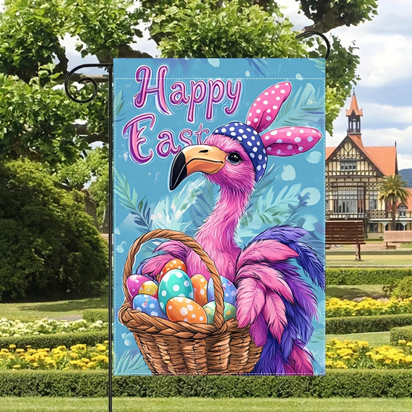 Easter Garden Flag with Bunny and Flower Print