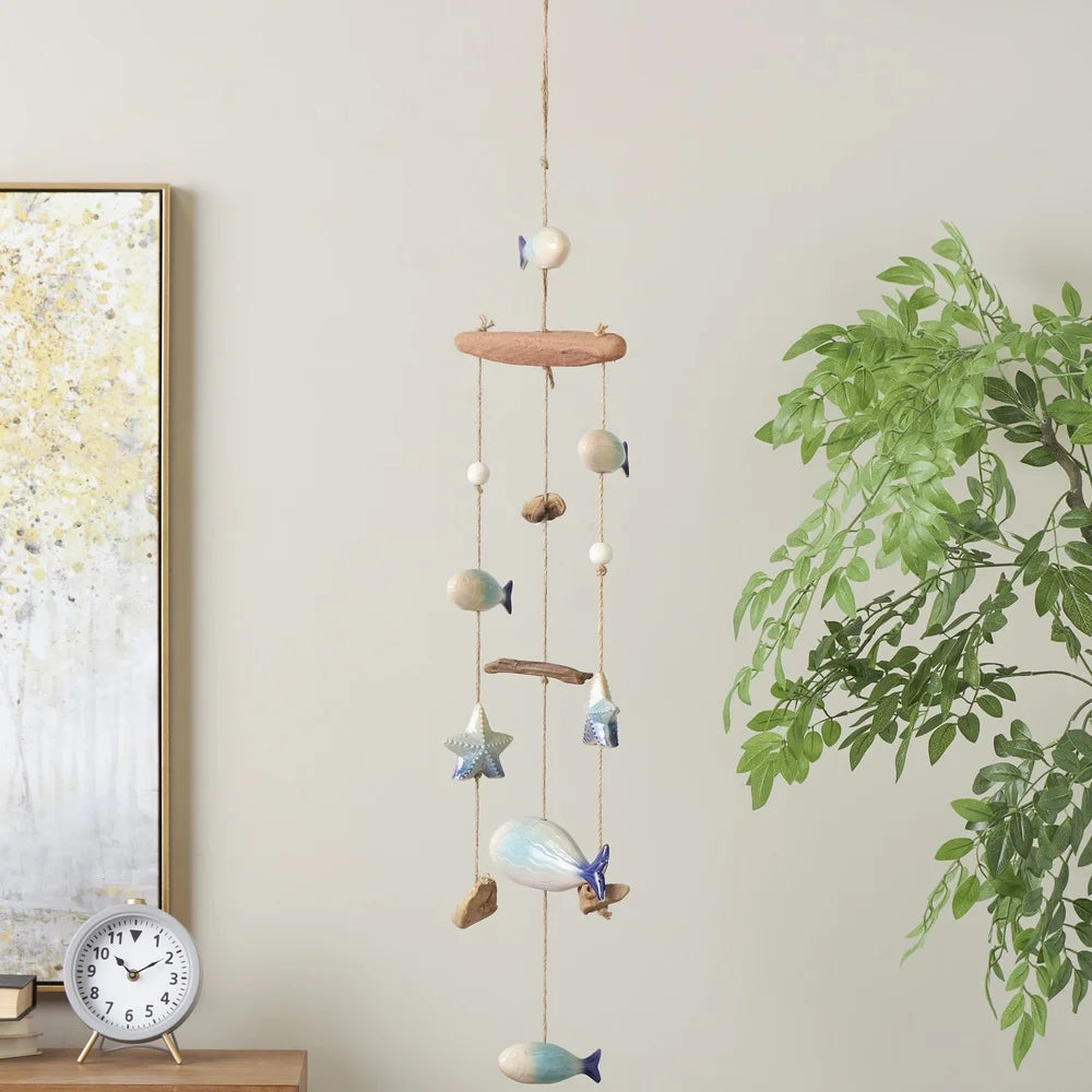 40 Inch Ceramic Fish Windchime with Driftwood and Wooden Beads