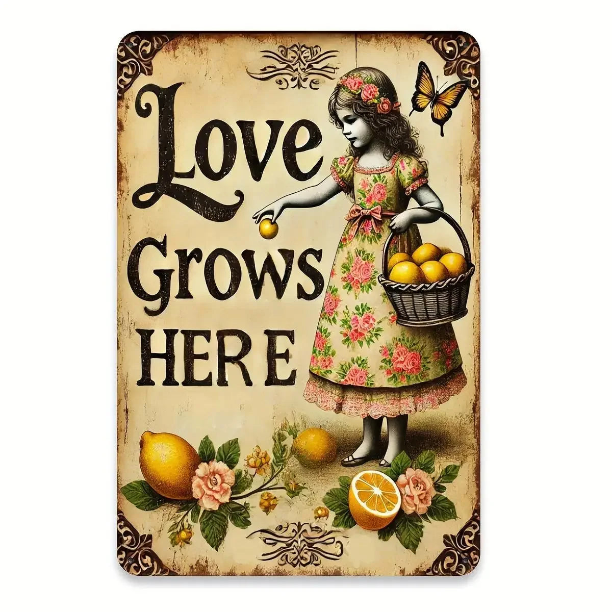 Vintage Style Love Grows Here Metal Sign