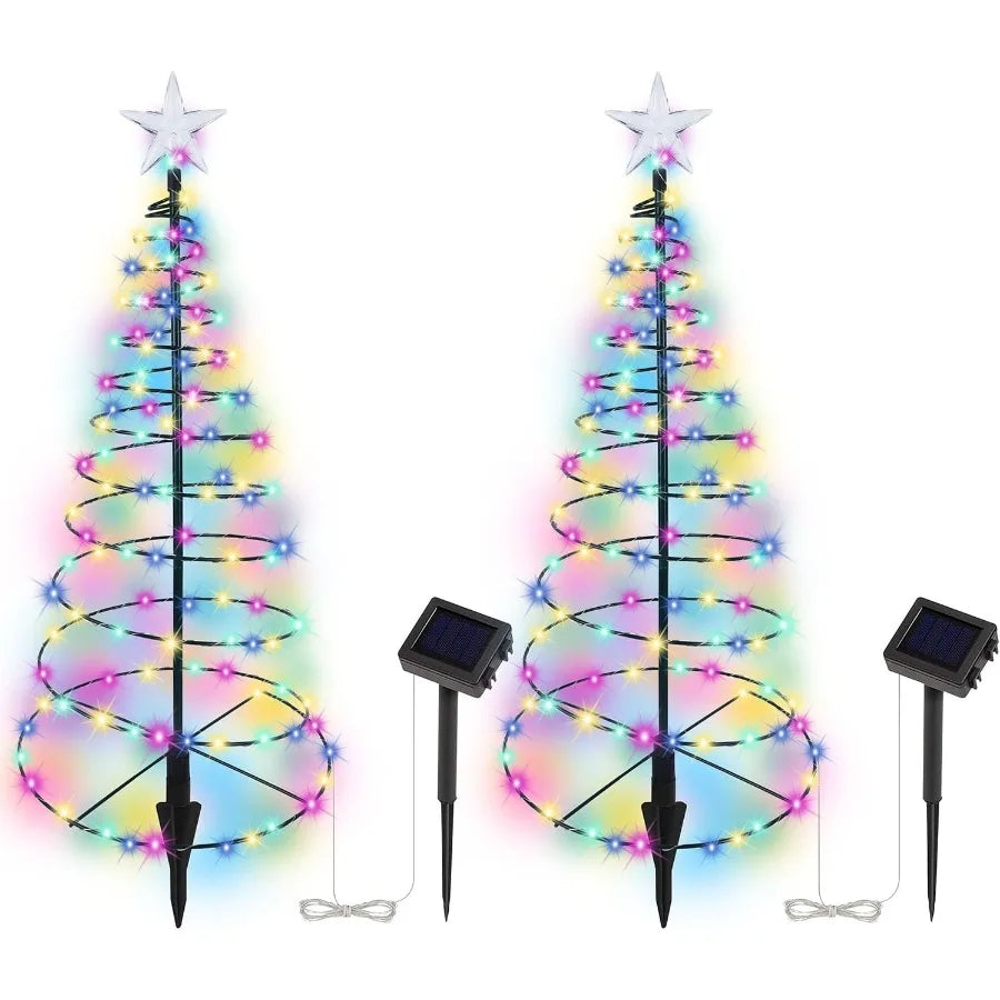 2 Pack Solar-Powered Spiral Christmas Trees with Multicolor LED Lights for Outdoor