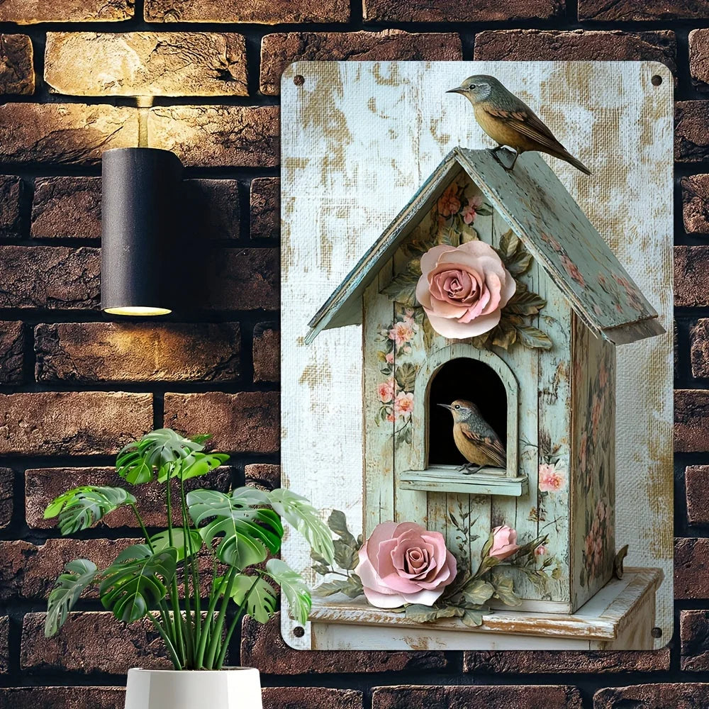 Decorative Metal Birdhouse Plaque with Flowers