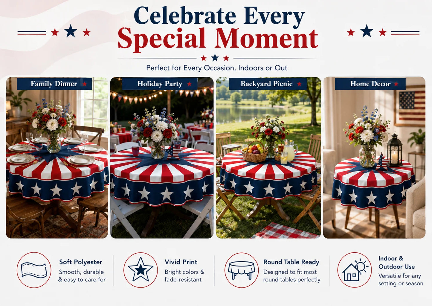 Round Patriotic Tablecloth Red White Blue Star Stripes Print