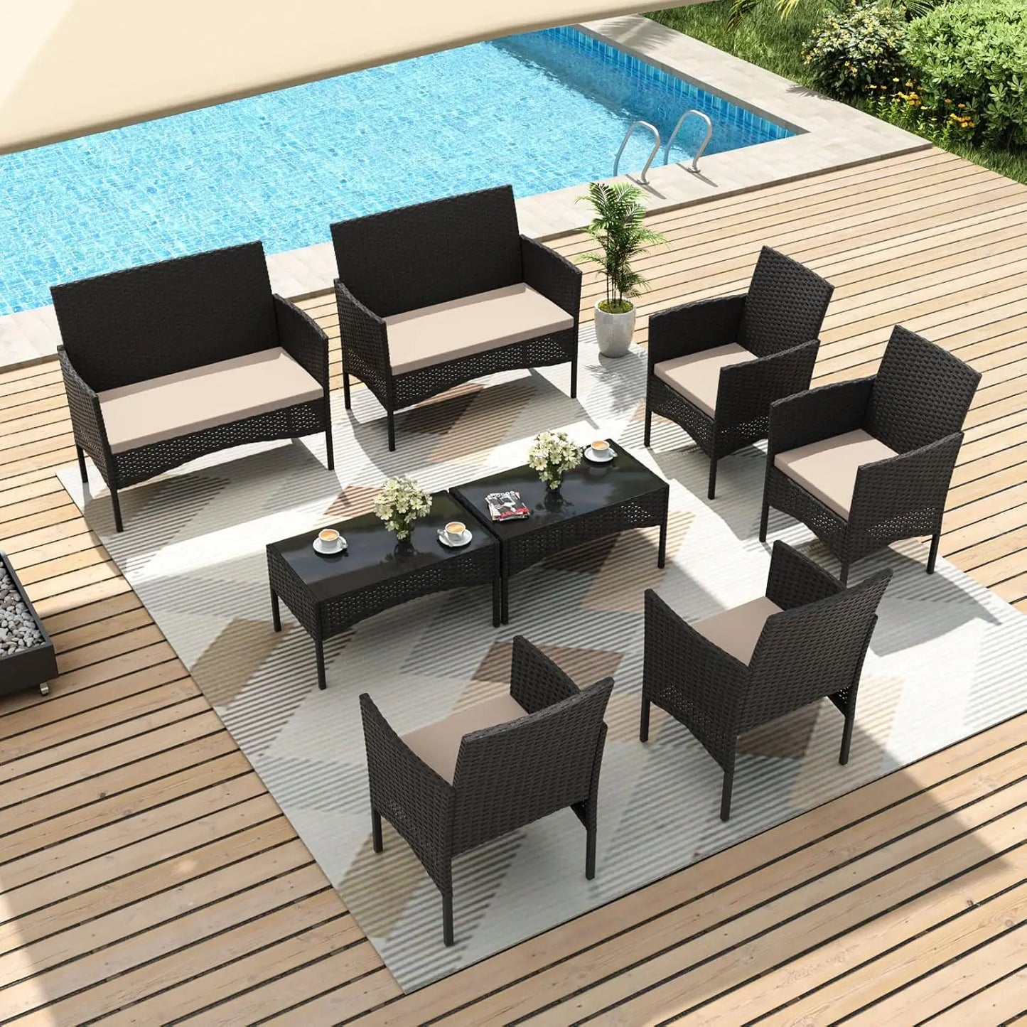 4-piece wicker conversation set with 2 rattan chairs 1 loveseat 1 coffee table removable seat cushion