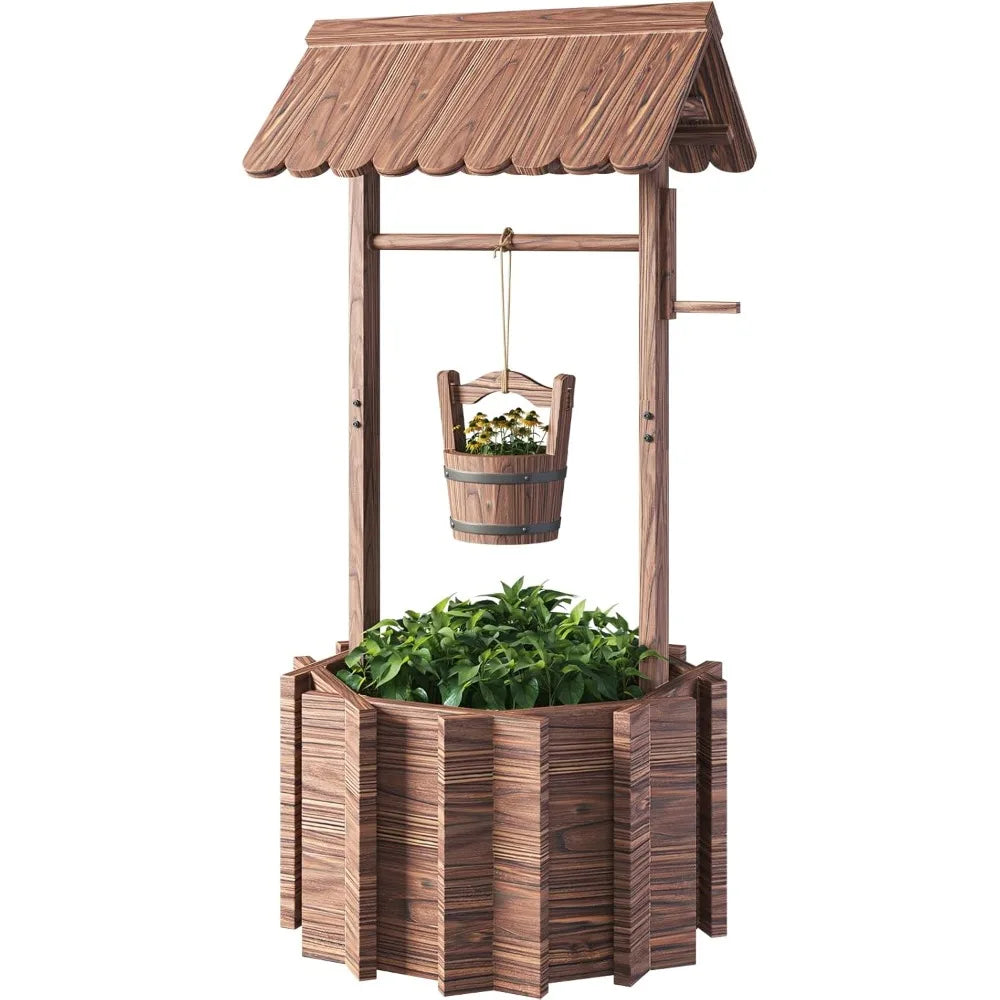 Outdoor Wooden Wishing Well Planter with Hanging Bucket for Flower and Plants