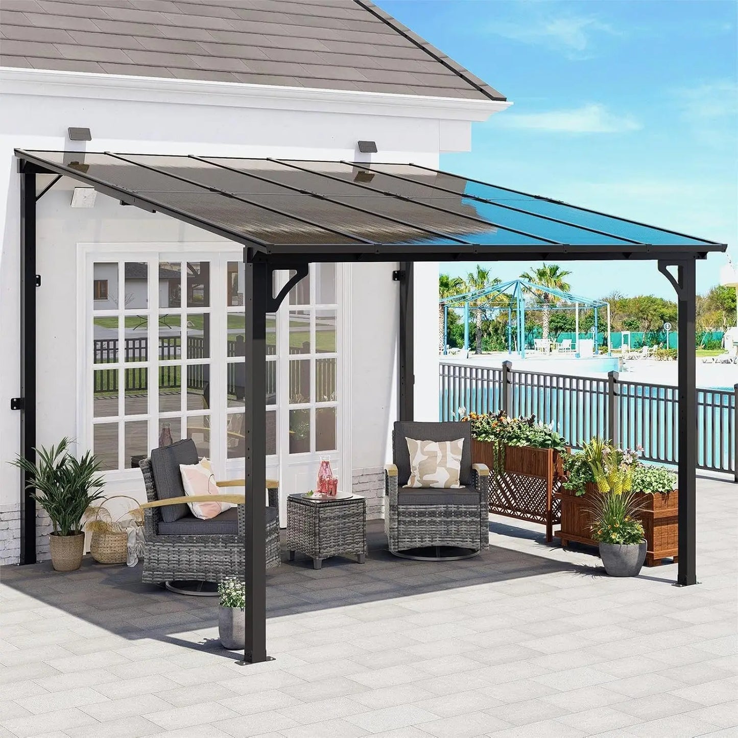 Wall Mounted Gazebo with Sloped Roof, Outdoor Patio Gazebo Awning
