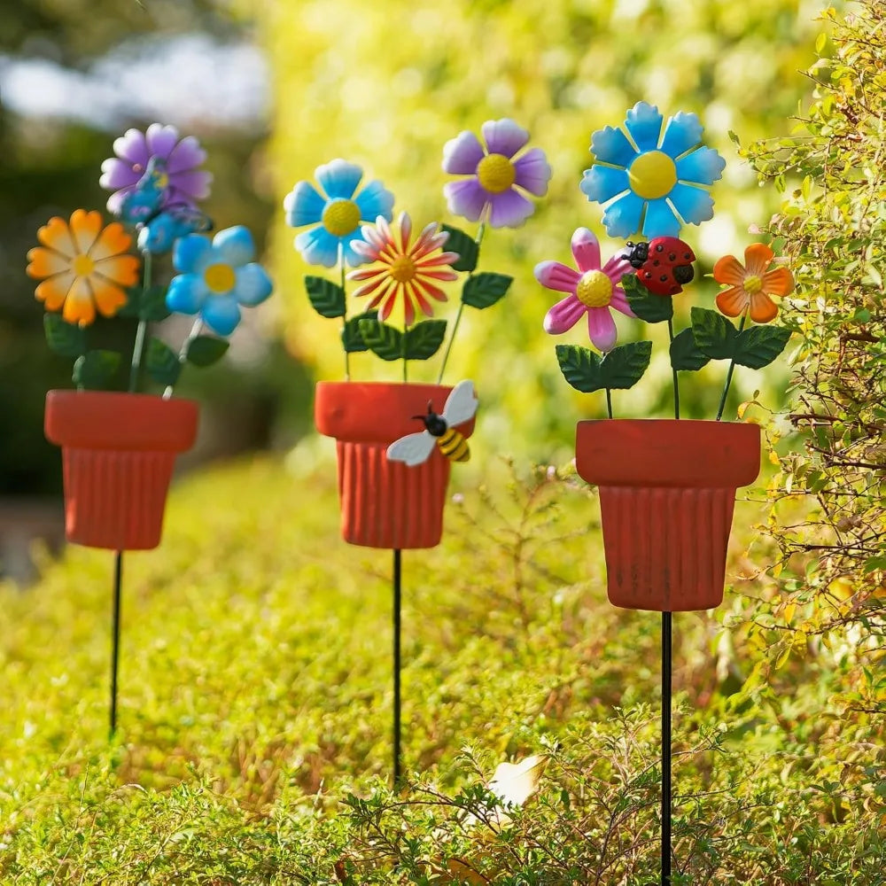 3 Pcs 24" H Flowerpot Shape Decorative Garden Stakes