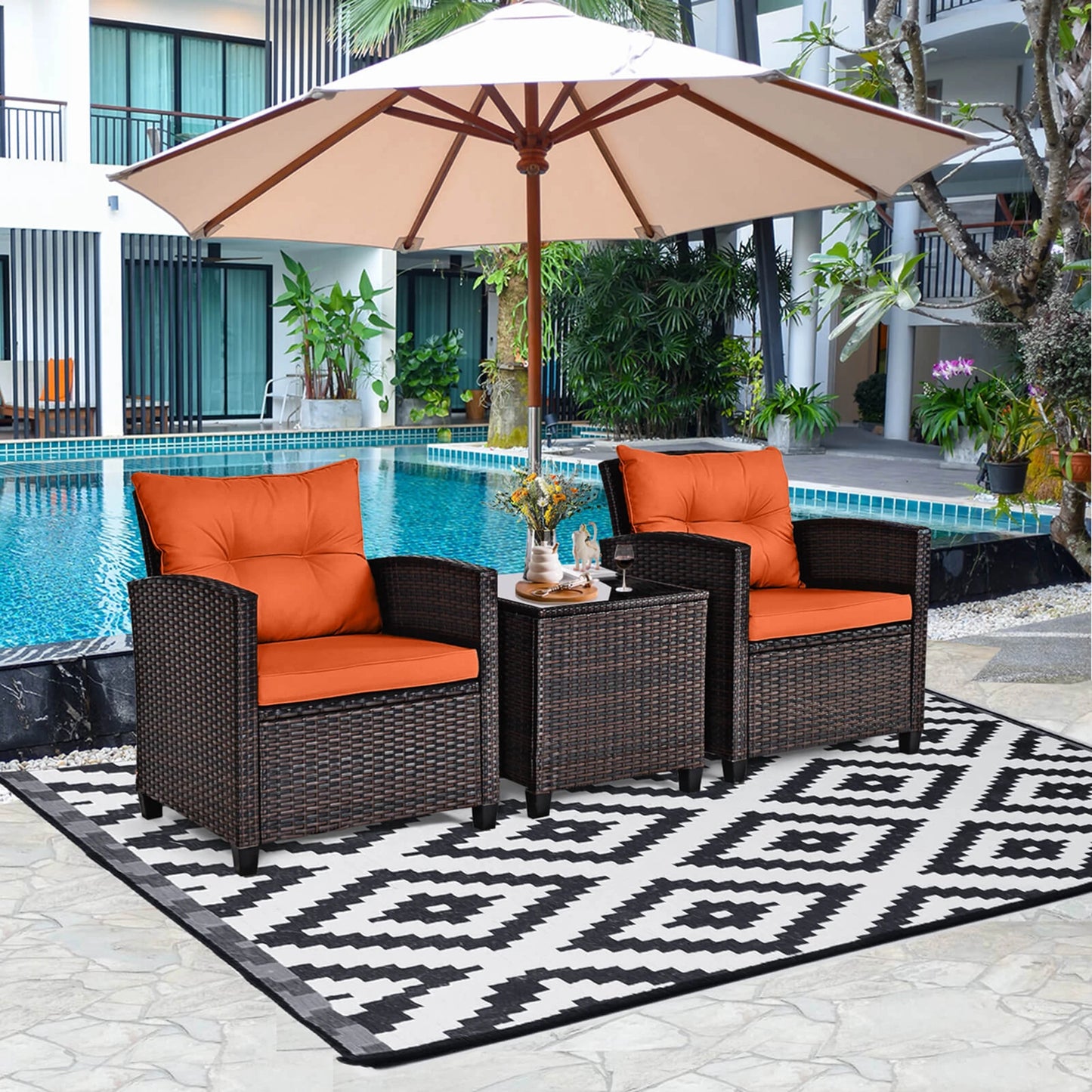 3 PCS Patio Rattan Furniture Set with Cushions