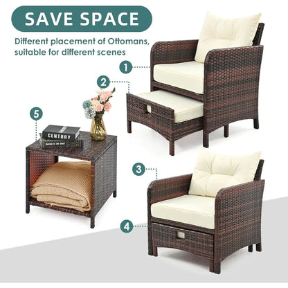 5 Pieces Wicker Outdoor Patio Chairs Set with Coffee Table and Ottomans