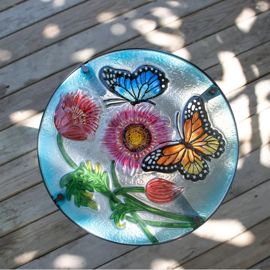 12 Inch Round Butterfly Glass Top Side Table