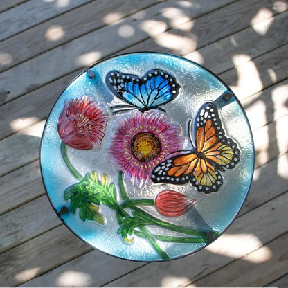 12 Inch Round Butterfly Glass Top Side Table