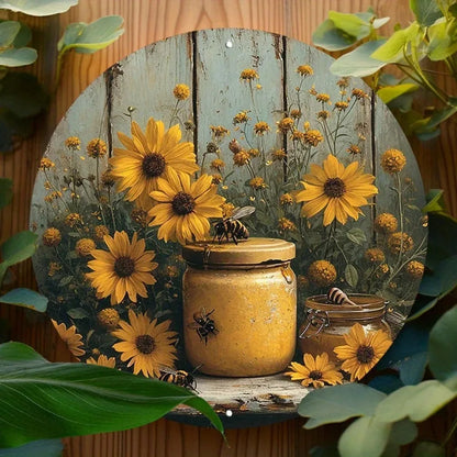 Rustic Bees Sunflowers Round Decor Sign