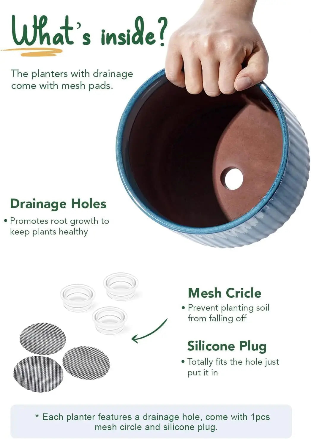 Set of 3 Ceramic Plant Pots with Drainage Holes, 8+6.7+5.5 Inch