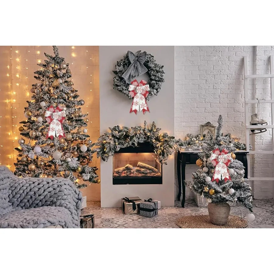 2 Pieces Christmas Glitter Red White Burlap Bows with Snowflake Design