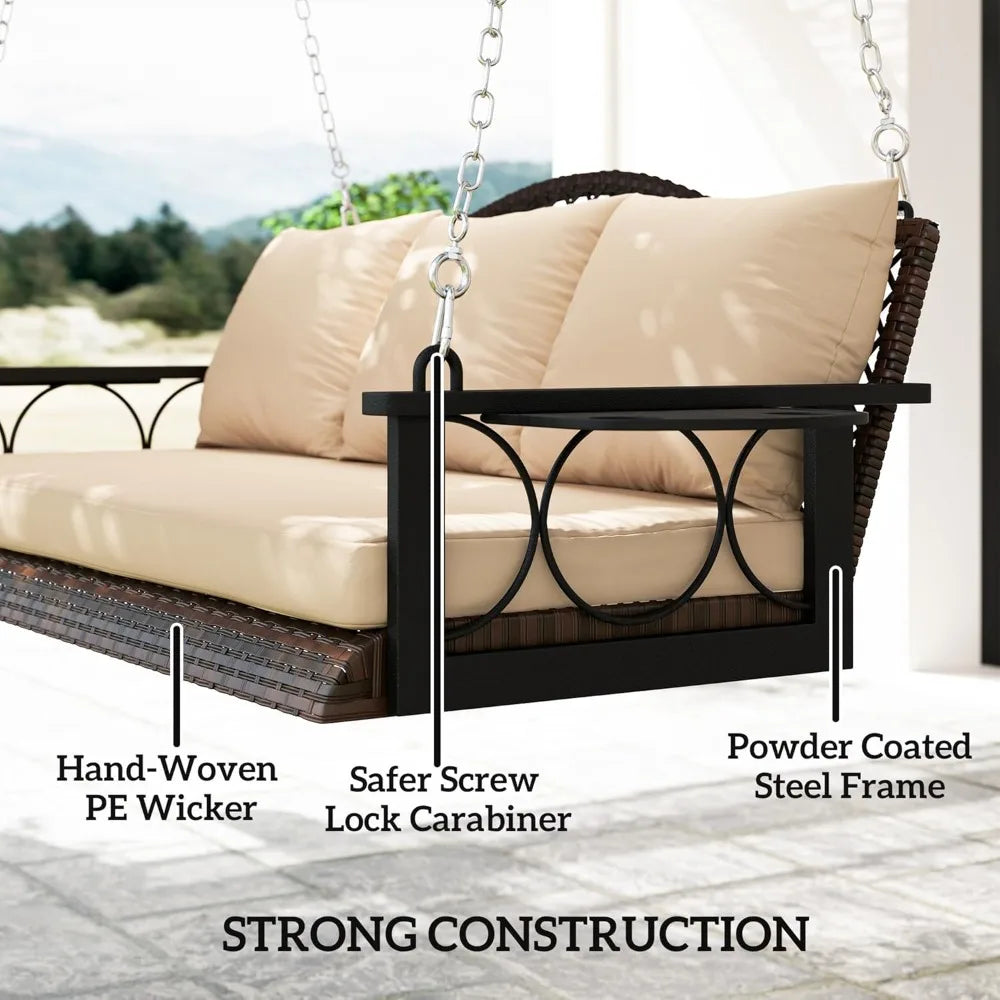 3 Person Wicker Porch Swing with Cup Holder