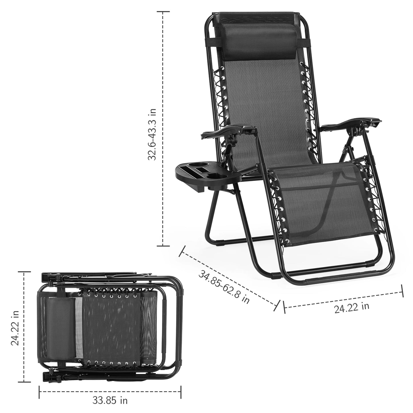 Set of 2 Zero Gravity Portable Lounge Chair with Cup Holder Trays Adjustable Pillow