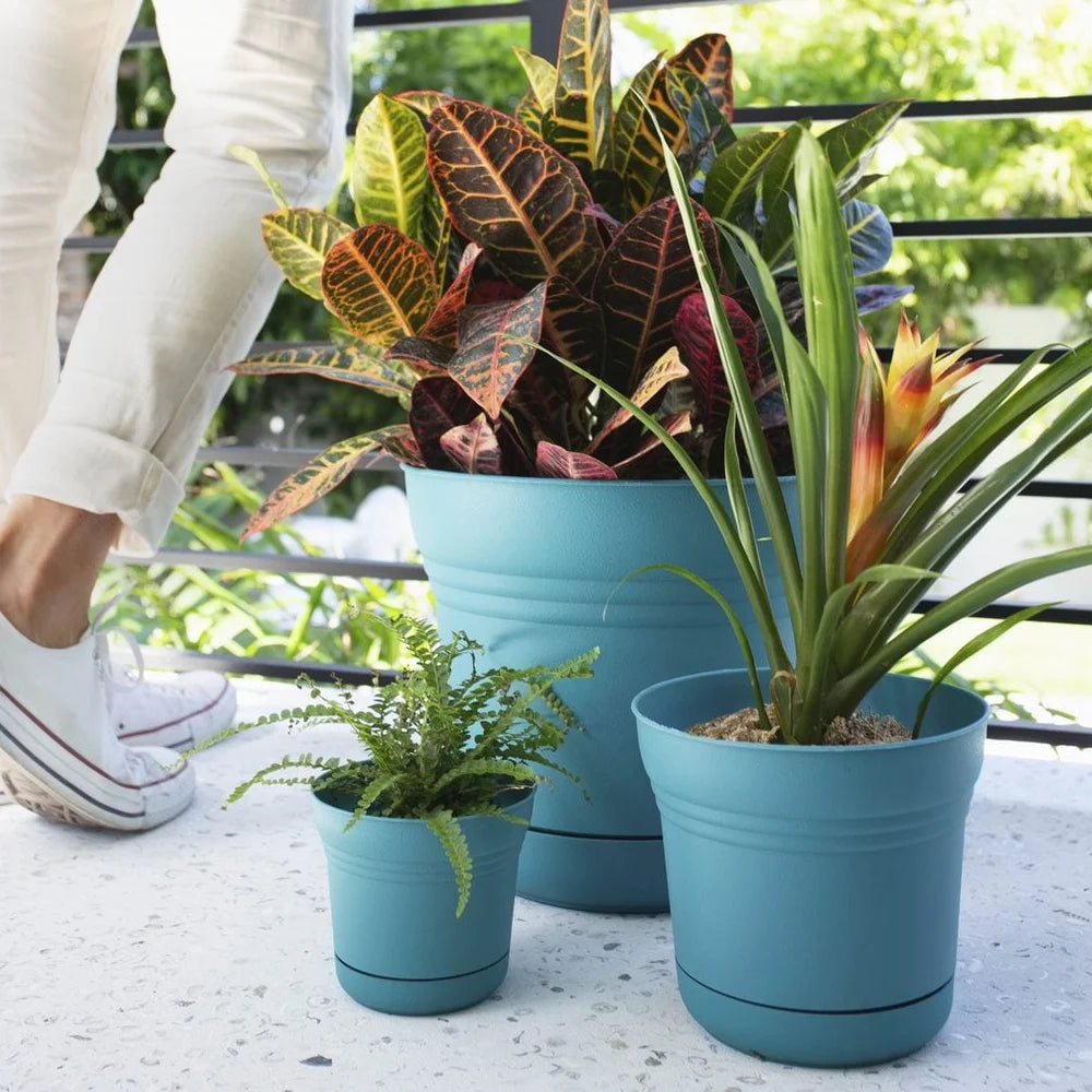 Durable Round Resin Planter with Drainage Holes Matching Saucer