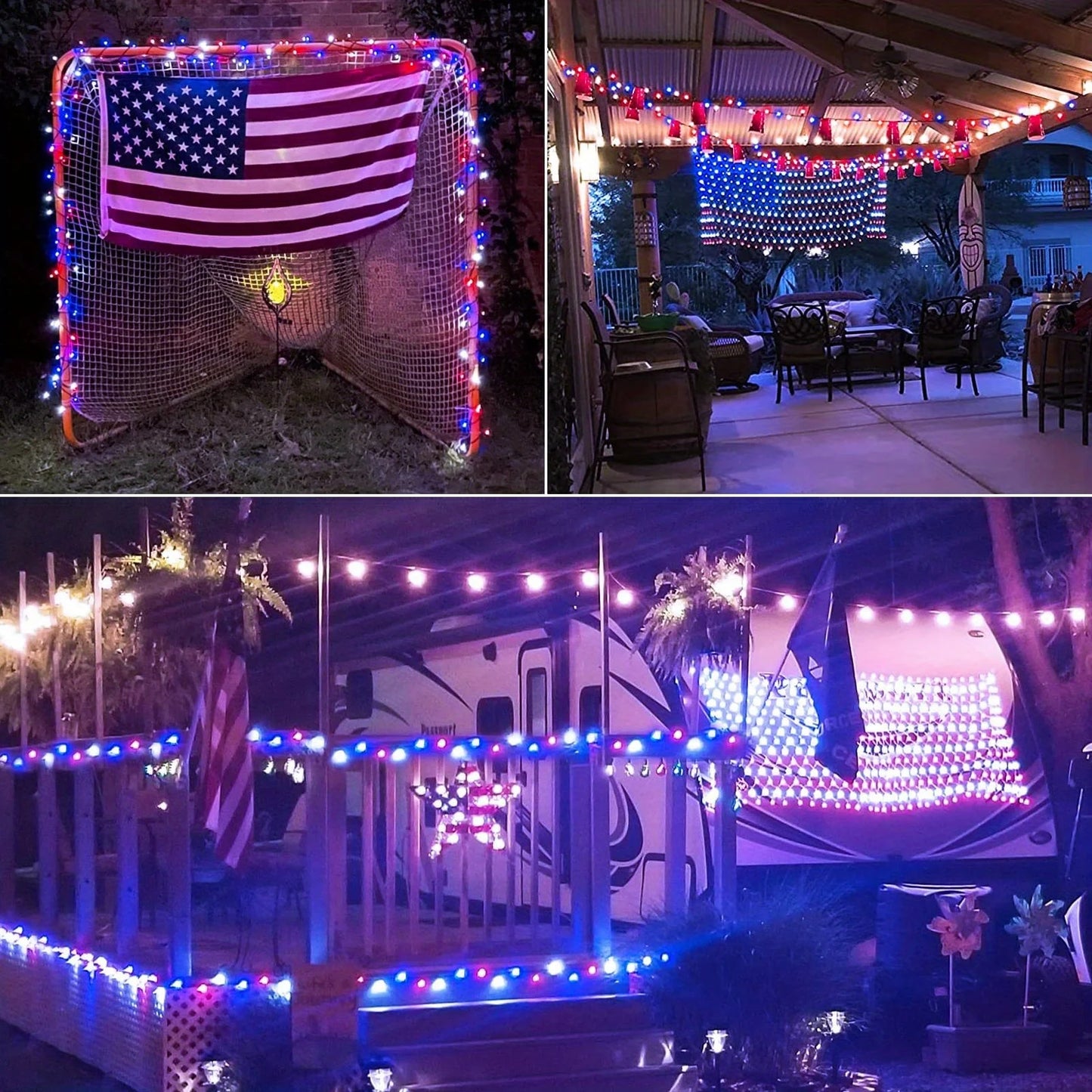4 Pack 160ft 400LED Solar Powered Red White & Blue String Lights