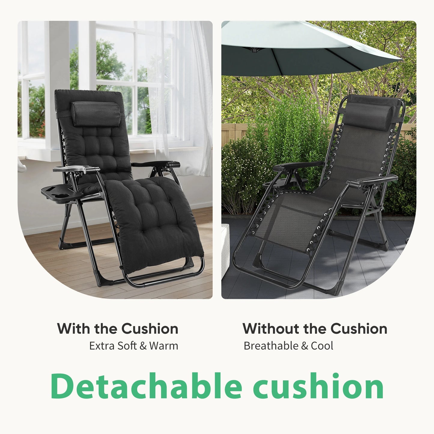 Zero Gravity Portable Recliner with Cup Holder Trays and Adjustable Pillow