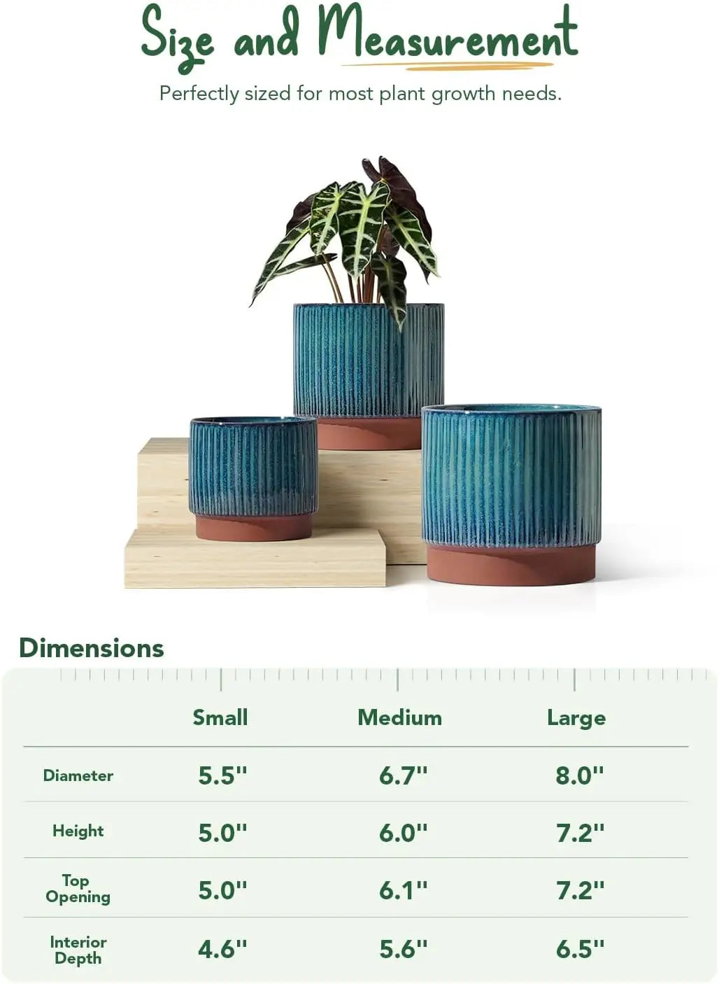 Set of 3 Ceramic Plant Pots with Drainage Holes, 8+6.7+5.5 Inch