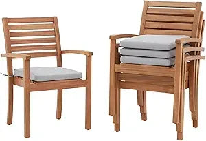 Stackable Outdoor Acacia Wooden Chairs w/Armrest & Removeable Fabric Cushion Set of 4,
