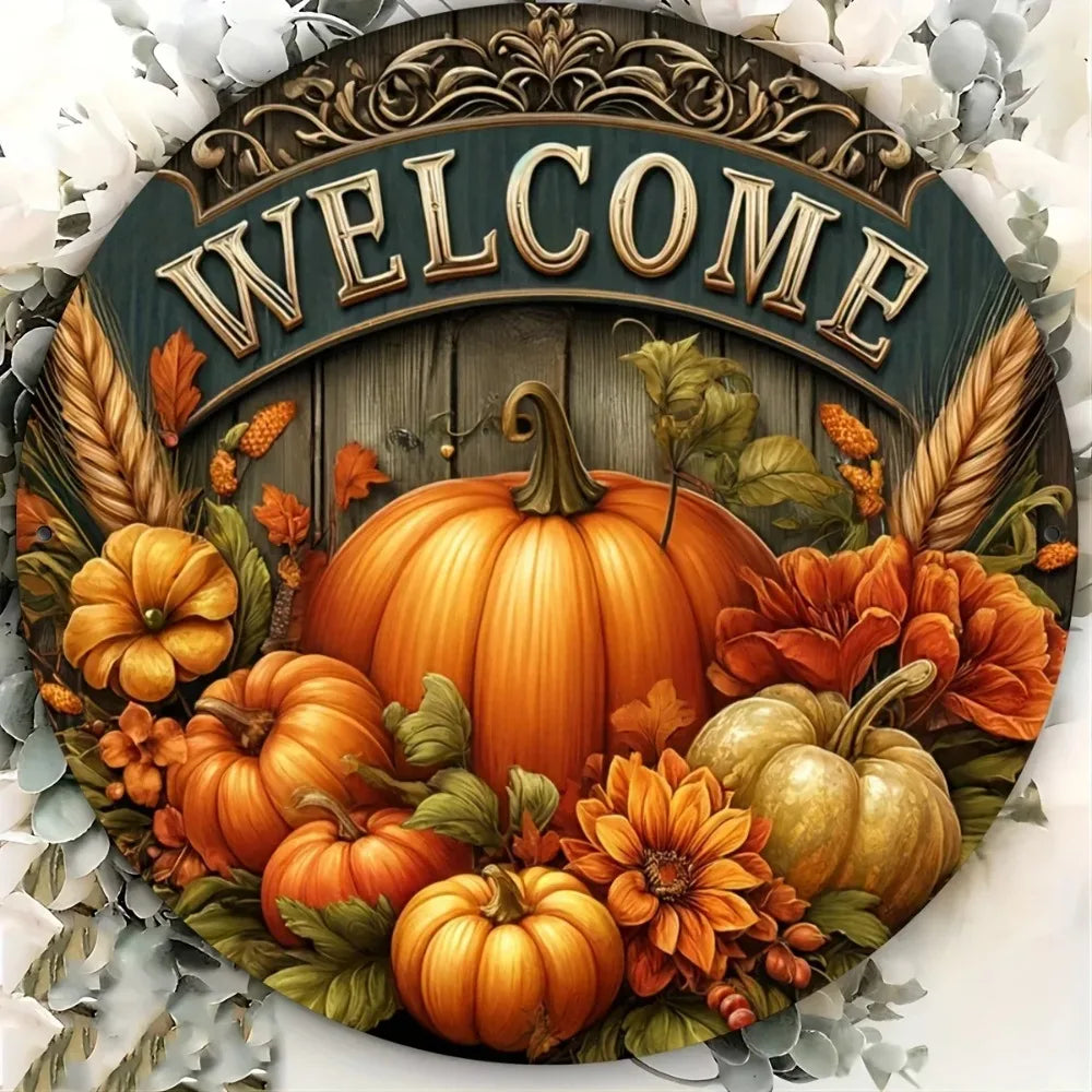 8" Round Metal Fall Harvest Sign