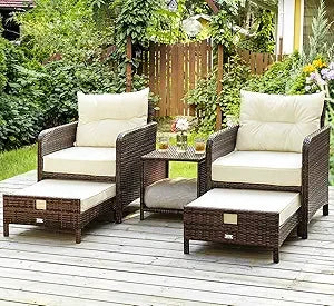 5 Pieces Wicker Outdoor Patio Chairs Set with Coffee Table and Ottomans