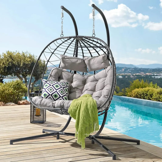 2 Person Double Egg Swing Chair with Stand Indoor Outdoor