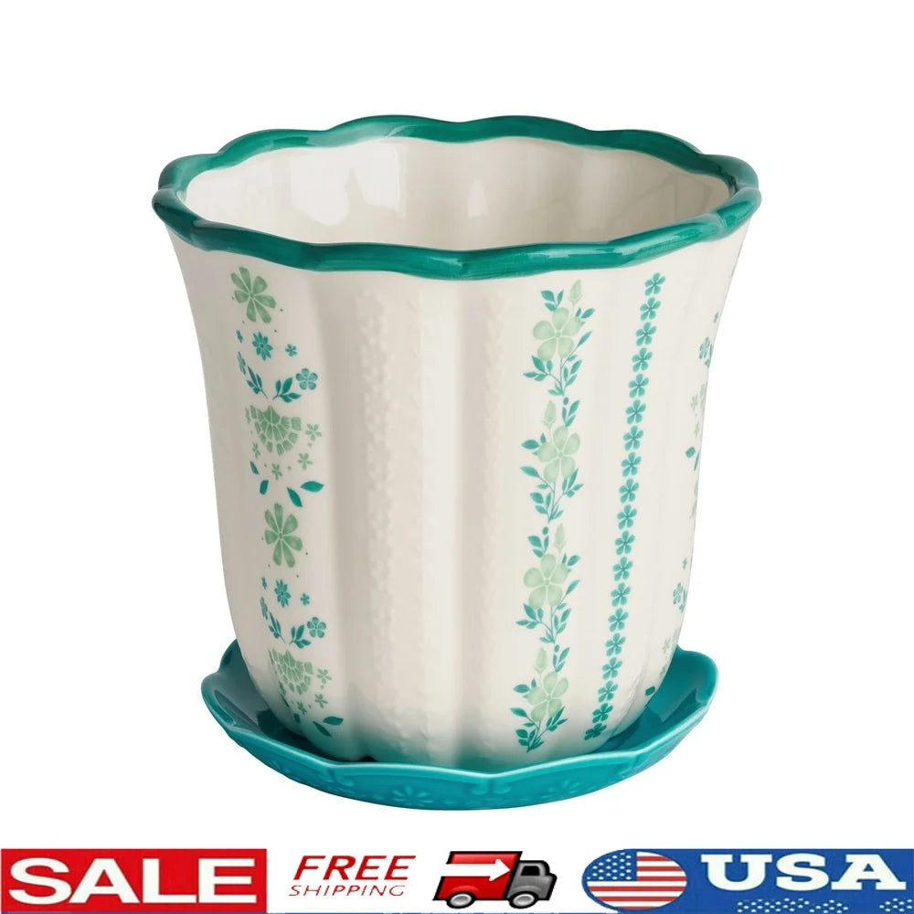 8 Inch Flower Patterned Scallop Planter Ceramic Pot