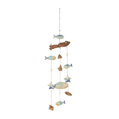 40 Inch Ceramic Fish Windchime with Driftwood and Wooden Beads