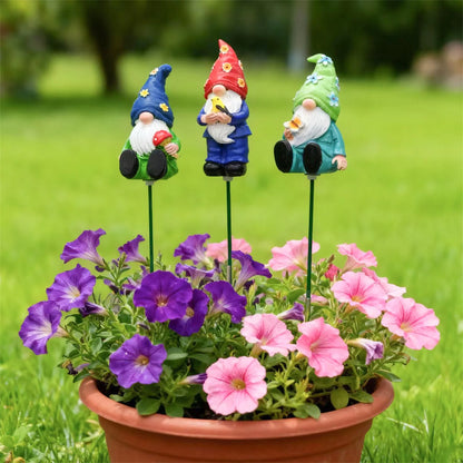 Set of 3 Resin Gnome Garden Stakes for Outdoor Flowerpot Decor