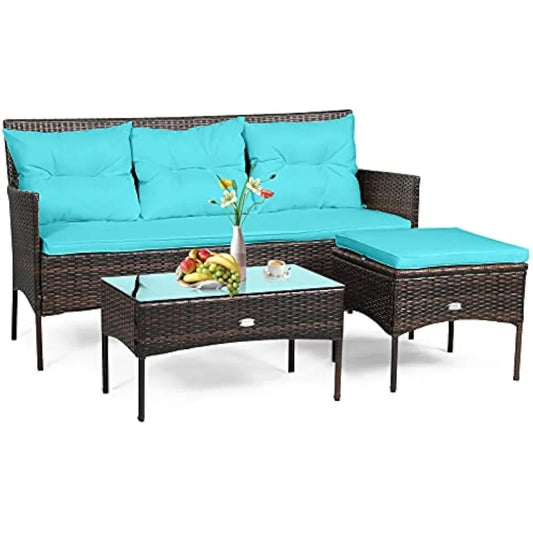3PCS Patio Rattan Furniture Set 3-Seat Sofa Cushioned Table Garden, Turquoise