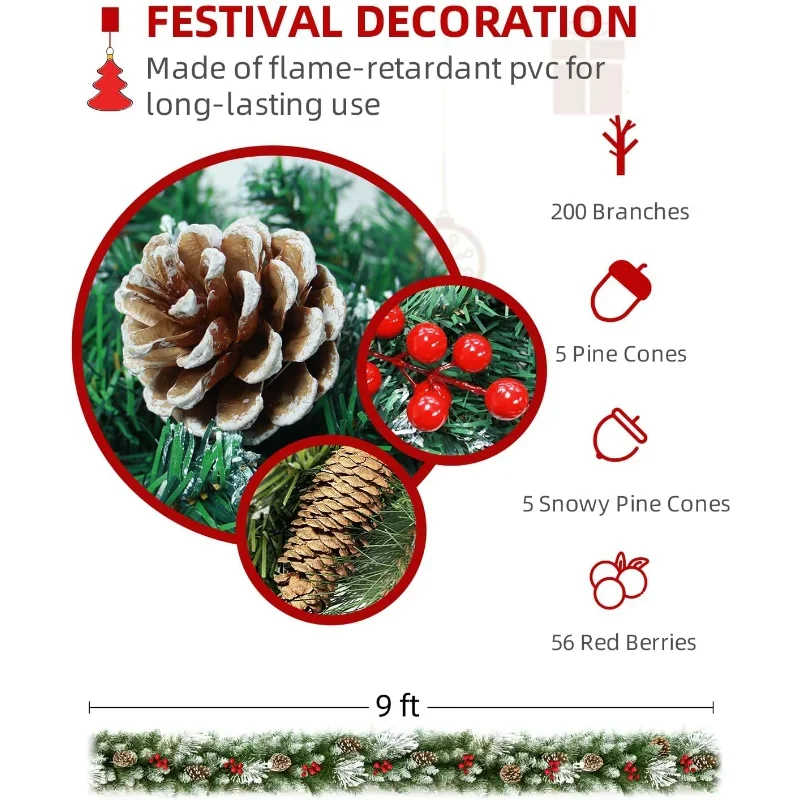 9 FT Christmas Garland with Pinecones and Red Berries