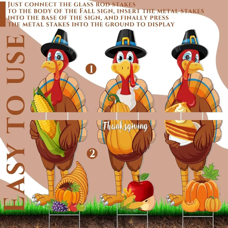 3 Pcs Thanksgiving, 32 x 10 Inch Harvest Turkey Outdoor Lawn Sign