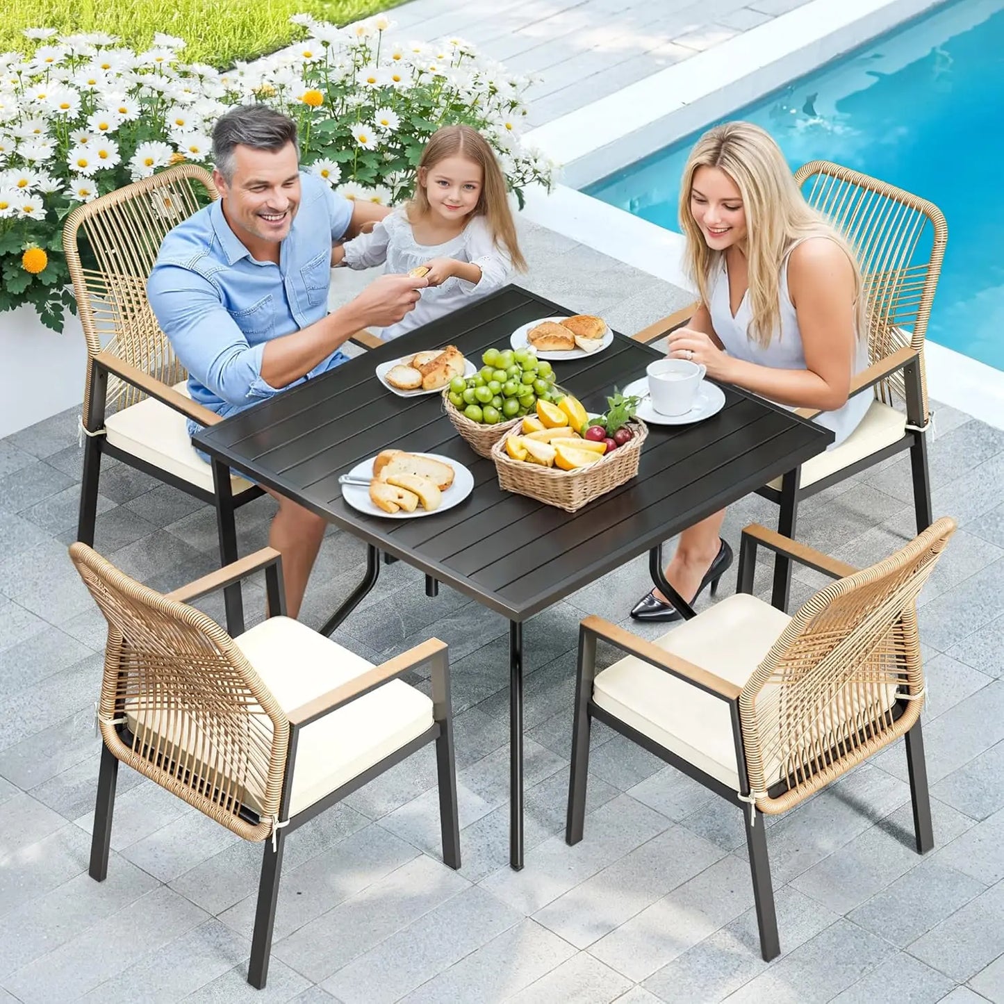 5 Pieces Rattan Patio Table and Chairs Set with Cushions