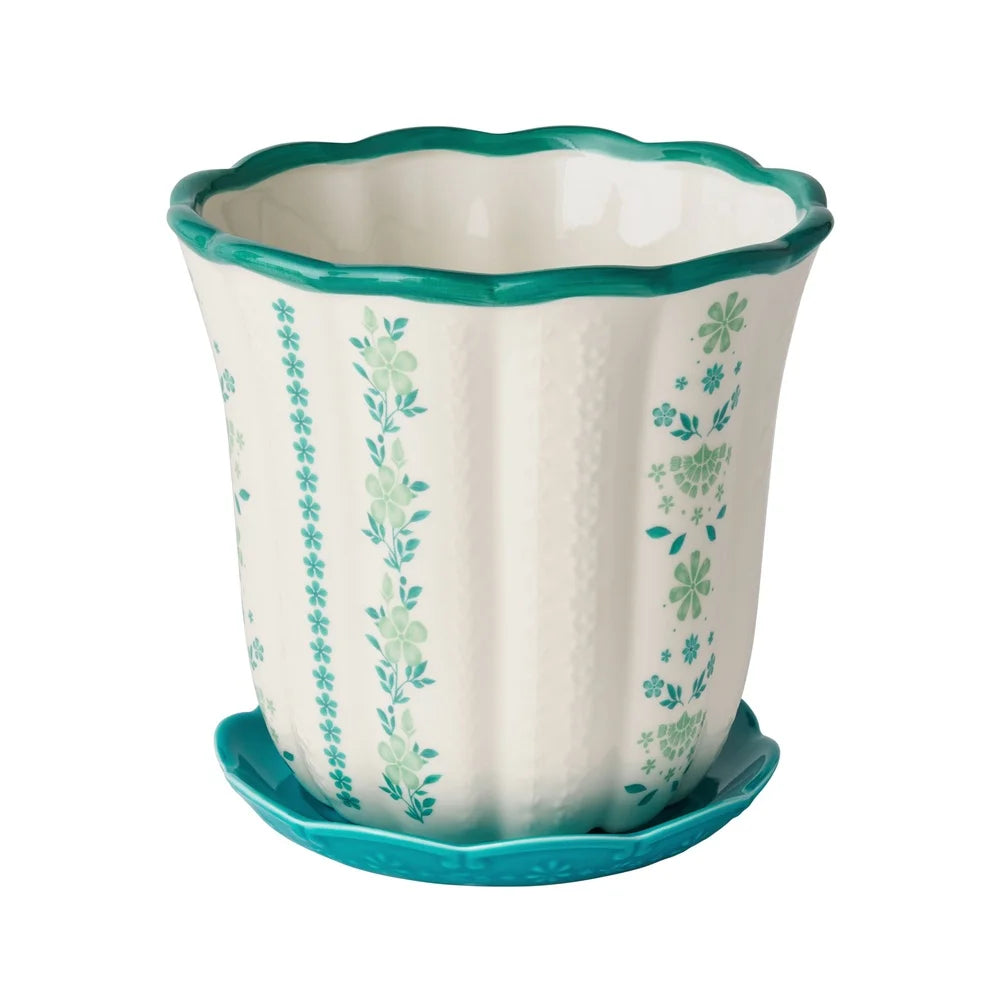 8 Inch Flower Patterned Scallop Planter Ceramic Pot