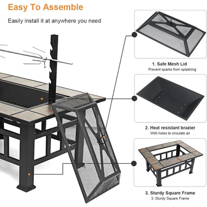 37 Inch Outdoor Square Wood-Burning Fire Pit with Grill