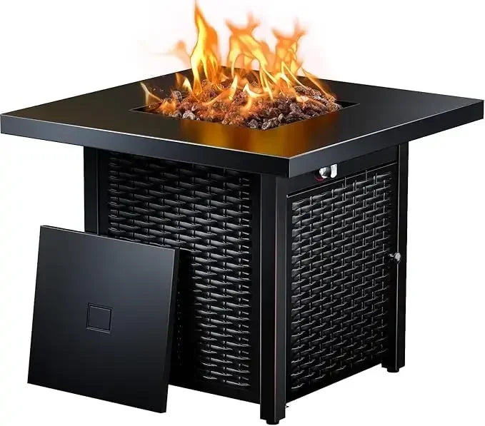 28 Inch Propane Fire Pit Table with Steel Construction, Lid, Lava Rocks, and Warmth