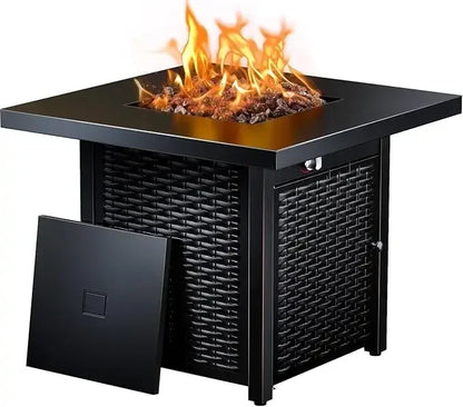 28 Inch Propane Fire Pit Table with Steel Construction, Lid, Lava Rocks, and Warmth