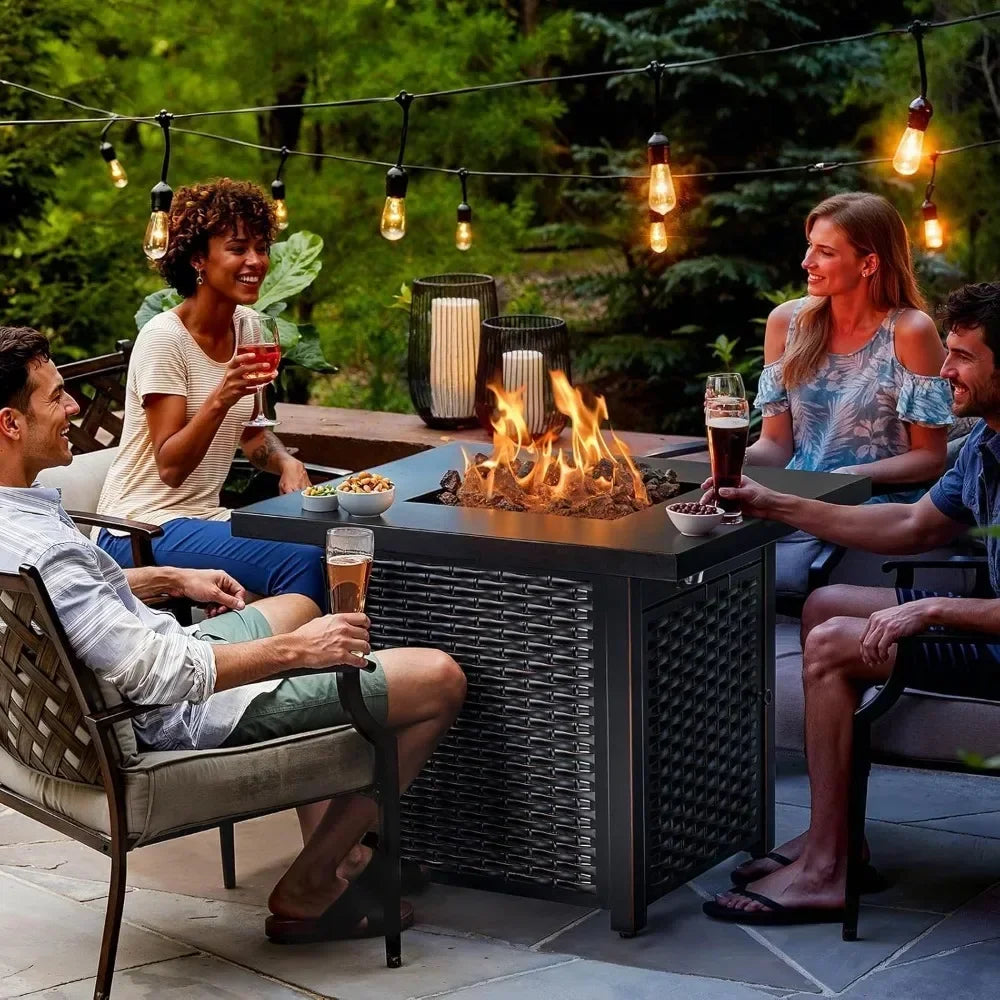 28 Inch Propane Fire Pit Table with Steel Construction, Lid, Lava Rocks, and Warmth