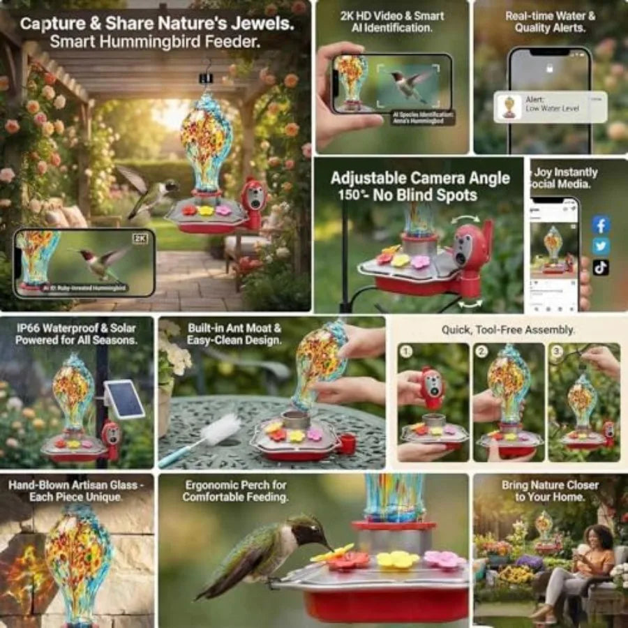 Smart Glass Hummingbird Feeder with Solar Powered Camera