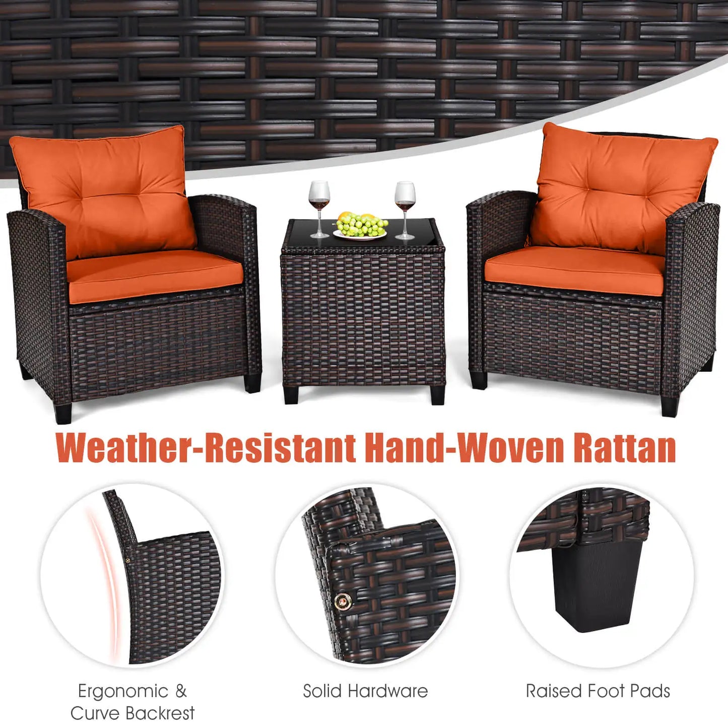 3 PCS Patio Rattan Furniture Set with Cushions
