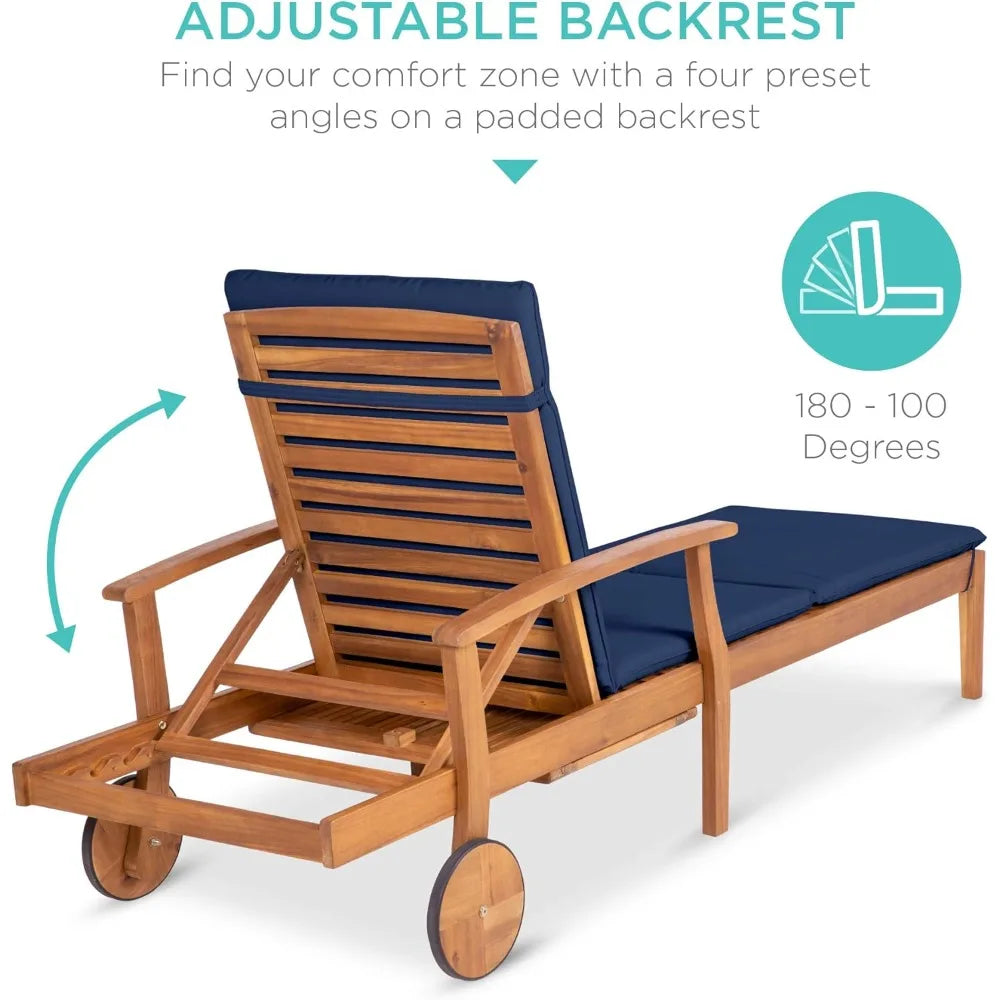 Acacia Wood Chaise Lounge w/Slide-Out Side Table and Cushion