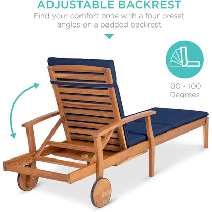 Acacia Wood Chaise Lounge w/Slide-Out Side Table and Cushion