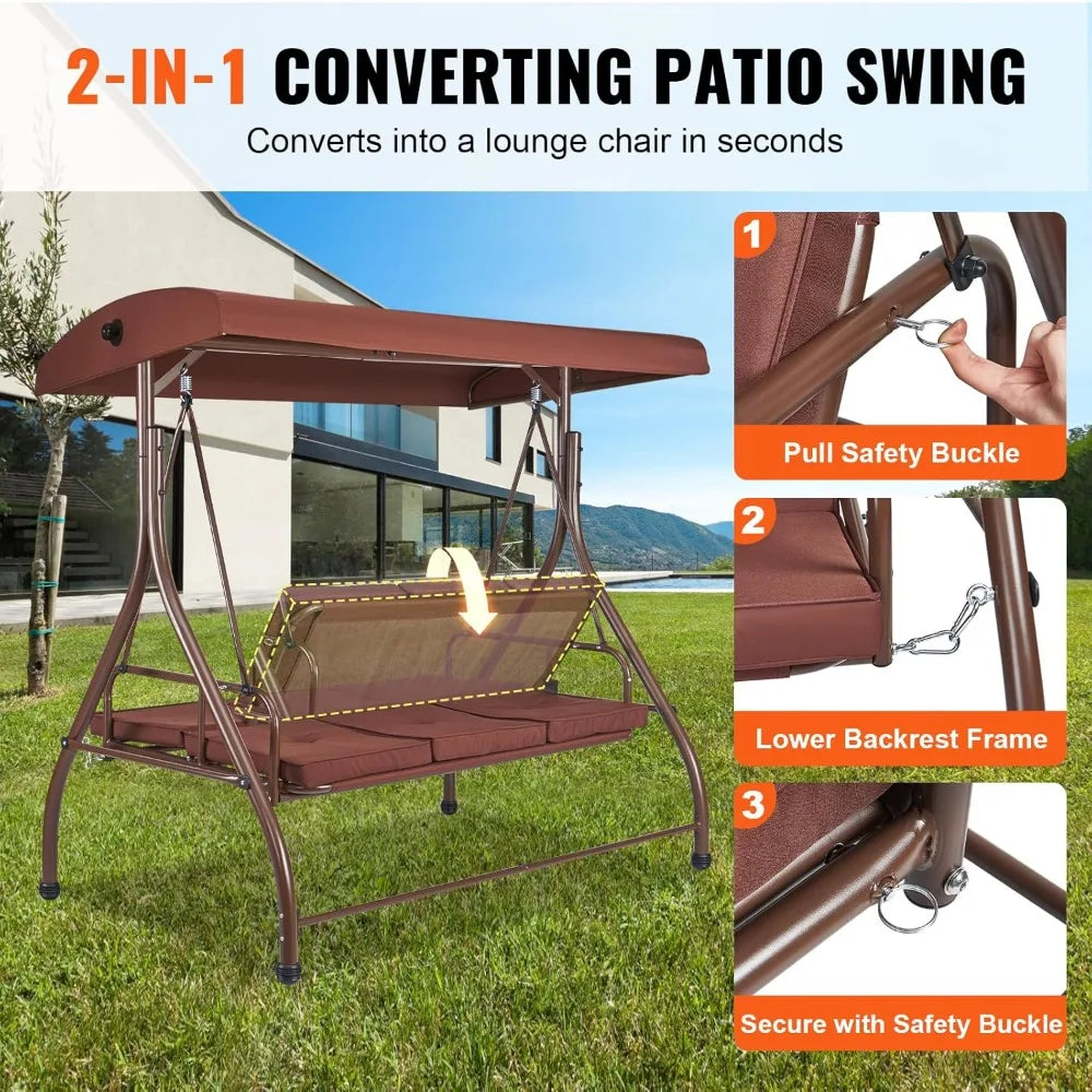 3-Seat Patio Swing Chair, with Removable Thick Cushions