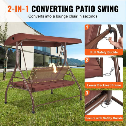 3-Seat Patio Swing Chair, with Removable Thick Cushions