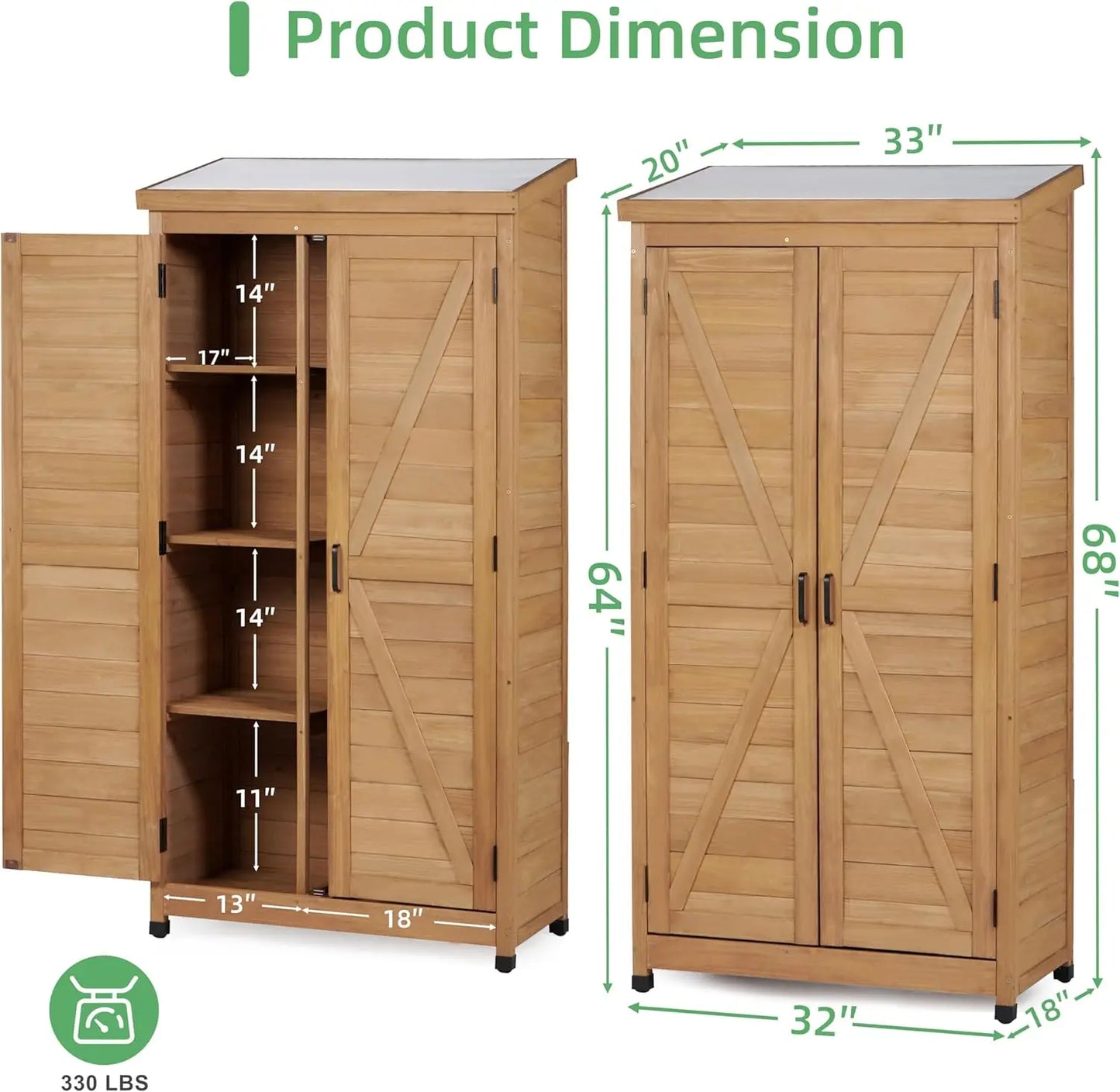 68''x33''x20'' Outdoor Wooden Storage Shed with Metal Top