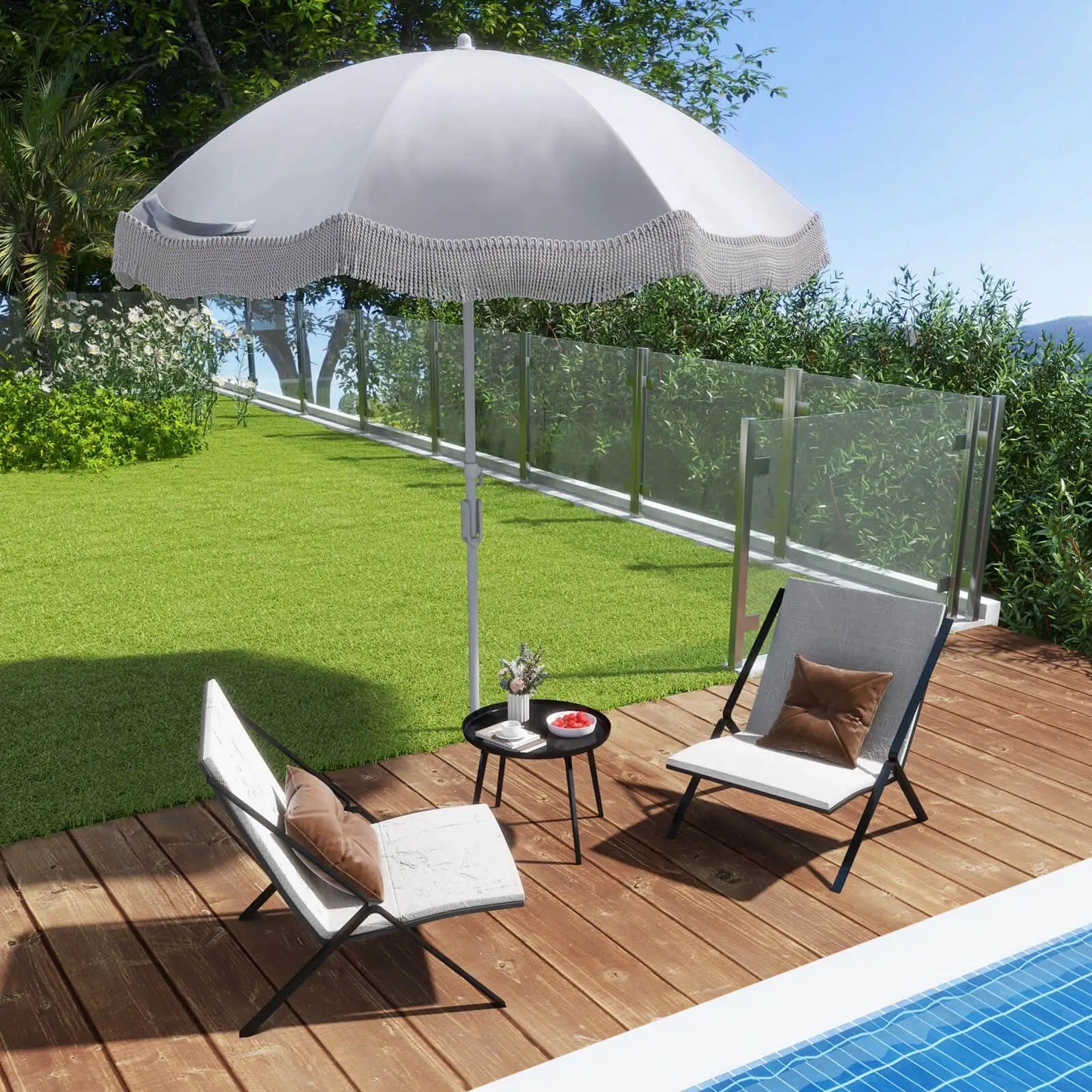 6.5 FT Outdoor Fringe Patio Umbrella w/ Carrying Bag Push Button Tilt