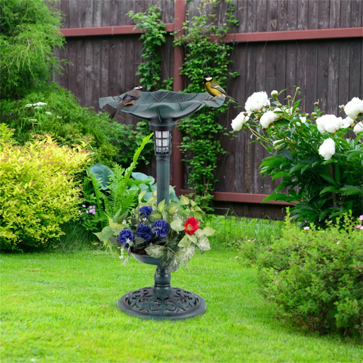 Green Standing Pedestal Birdbath and Feeder Combo with Solar Powered Lamp
