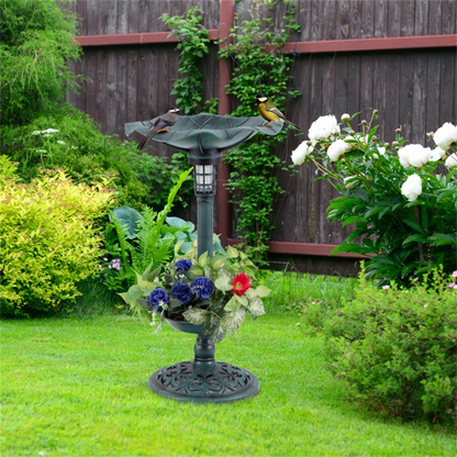 Green Standing Pedestal Birdbath and Feeder Combo with Solar Powered Lamp